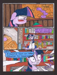 Size: 2509x3281 | Tagged: safe, artist:oatmeal155, derpibooru import, twilight sparkle, pony, unicorn, comic:oat.meal, blushing, book, bookshelf, bust, clothes, comic, ever emerald manor, library, portrait, surprised, traditional art, unicorn twilight