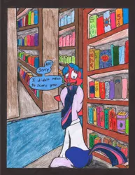 Size: 2512x3262 | Tagged: safe, artist:oatmeal155, derpibooru import, twilight sparkle, oc, oc:crimson maroon, pony, unicorn, comic:oat.meal, book, bookshelf, clothes, comic, dialogue, ever emerald manor, library, traditional art, unicorn twilight