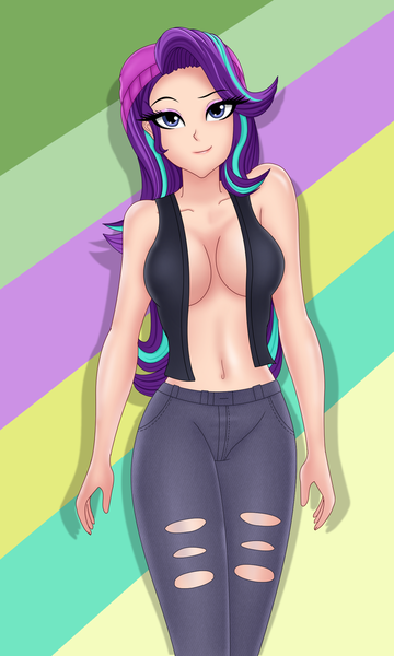 Size: 1276x2126 | Tagged: suggestive, alternate version, artist:anonix123, derpibooru import, starlight glimmer, equestria girls, absolute cleavage, abstract background, beanie, breasts, cleavage, clothes, female, hat, human coloration, looking at you, solo, solo female, vest