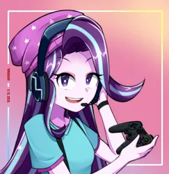 Size: 1280x1319 | Tagged: safe, artist:yukoharis, derpibooru import, starlight glimmer, equestria girls, spoiler:eqg specials, abstract background, beanie, bust, clothes, commission, controller, cute, female, gamer, glimmerbetes, hat, headset, joystick, looking at you, playstation 4, portrait, signature, smiling, solo