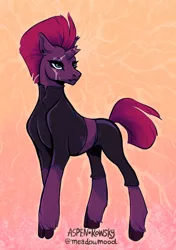 Size: 2620x3715 | Tagged: safe, artist:meadowmood, deleted from derpibooru, derpibooru import, tempest shadow, pony, unicorn, abstract background, broken horn, clothes, cloven hooves, eye scar, female, high res, horn, mare, scar, signature, solo, unshorn fetlocks