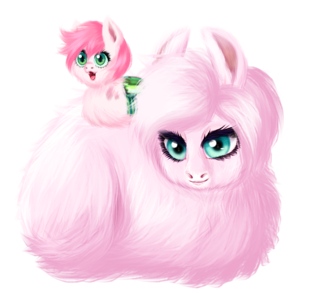 Size: 689x646 | Tagged: artist:unoriginai, cute, cute little fangs, derpibooru import, duo, fangs, fluffy, hybrid, interspecies offspring, magical lesbian spawn, oc, oc:fluffle puff, oc:love bug, offspring, parent:oc:fluffle puff, parent:queen chrysalis, parents:canon x oc, parents:chrysipuff, realistic, safe, simple background, transparent background, unofficial characters only