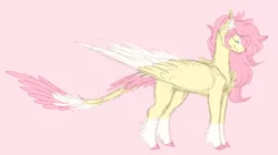 Size: 973x546 | Tagged: safe, artist:starlitartican, derpibooru import, fluttershy, pegasus, pony, blaze (coat marking), colored hooves, colored wings, female, leonine tail, mare, pink background, profile, redesign, simple background, smiling, socks (coat marking), solo, tail feathers, wings