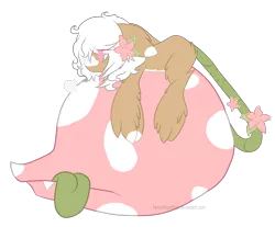 Size: 2053x1699 | Tagged: safe, artist:pennydropshop, derpibooru import, oc, oc:bloom, oc:blossom, monster pony, original species, piranha plant pony, plant pony, augmented tail, fangs, female, flower, flower in hair, hoof fluff, lying down, plant, simple background, tired, tongue out, transparent background