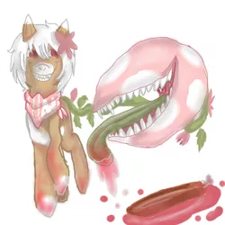 Size: 1280x1280 | Tagged: grimdark, artist:nubblebubble123, derpibooru import, oc, oc:bloom, oc:blossom, monster pony, original species, piranha plant pony, plant pony, augmented tail, blood, bone, fangs, female, flower, flower in hair, grin, neckerchief, open mouth, plant, sharp teeth, simple background, smiling, teeth, tongue out, white background