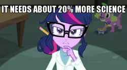 Size: 640x357 | Tagged: safe, derpibooru import, edit, edited screencap, screencap, sci-twi, spike, spike the regular dog, twilight sparkle, dog, equestria girls, rainbow rocks, 20% cooler, caption, clothes, female, glasses, image macro, lab coat, male, paws, science, scientist, solo, text, that pony sure does love science