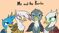 Size: 2190x1232 | Tagged: safe, artist:tjpones, derpibooru import, gabby, gallus, gilda, greta, gryphon, birb, borb, clothes, faic, female, male, me and the boys, meme, open mouth, ponified meme, scarf, simple background, smiling, teeth, text