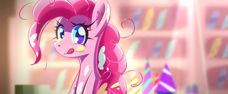 Size: 1000x413 | Tagged: safe, artist:astril, derpibooru import, pinkie pie, earth pony, pony, bookshelf, female, licking, licking lips, mare, messy mane, smiling, solo, tongue out