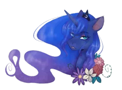 Size: 580x430 | Tagged: safe, artist:brendalobinha, derpibooru import, princess luna, alicorn, pony, bust, crown, female, flower, jewelry, looking at you, mare, regalia, simple background, solo, transparent background, wavy mane