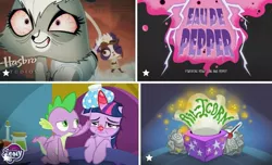 Size: 1067x648 | Tagged: safe, derpibooru import, spike, twilight sparkle, twilight sparkle (alicorn), alicorn, bear, dragon, panda, pony, skunk, clothes, crazy face, eau de pepper, exhausted, faic, female, fumes, hasbro studios logo, horn, insanity, lab coat, laboratory, littlest pet shop, male, mare, my little pony logo, penny ling, pepper clark, sick, sicklight sparkle, swollen horn, thermometer, tissue, tissue box, title card, winged spike