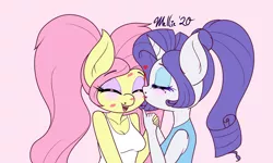 Size: 1500x900 | Tagged: safe, artist:melliedraws, derpibooru import, fluttershy, rarity, anthro, pegasus, unicorn, alternate hairstyle, blushing, breasts, cleavage, clothes, cute, eyes closed, eyeshadow, female, flarity, happy, heart, holding hands, kiss mark, kiss on the cheek, kissing, lesbian, lipstick, makeup, mare, mole, open mouth, pink background, ponytail, raribetes, shipping, shyabetes, simple background, tanktop