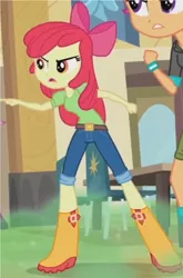 Size: 944x1433 | Tagged: safe, derpibooru import, screencap, apple bloom, scootaloo, equestria girls, rainbow rocks, angry, apple bloom's bow, boots, bow, cafeteria, chair, clothes, cropped, hair bow, jeans, pants, pointing, shirt, shoes, solo, solo focus, table