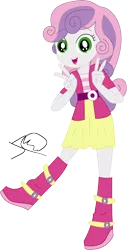 Size: 5100x10050 | Tagged: safe, artist:marcorois, derpibooru import, sweetie belle, equestria girls, boots, clothes, cute, jacket, looking at you, peace sign, shoes, show accurate, signature, simple background, skirt, solo, transparent background