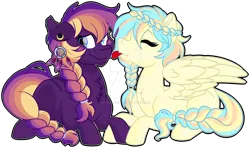 Size: 1600x944 | Tagged: safe, artist:missmele-madness, derpibooru import, oc, oc:indigo, oc:oasis (azure art wave), unofficial characters only, earth pony, pegasus, pony, braid, braided tail, female, mare, simple background, tongue out, transparent background