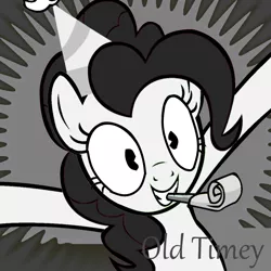 Size: 1010x1009 | Tagged: safe, derpibooru import, edit, pinkie pie, earth pony, pony, derpibooru, black and white, cute, diapinkes, female, grayscale, hat, hooves up, mare, meta, monochrome, noisemaker, old timey, party hat, smiling, solo, spoilered image joke, text