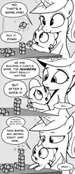 Size: 896x2076 | Tagged: safe, artist:mamatwilightsparkle, derpibooru import, princess cadance, spike, dragon, pony, unicorn, baby, baby spike, blocks, building, comic, demanding, dialogue, like mother like son, mama twilight sparkle, monochrome, ocd, playing, table, tumblr, younger