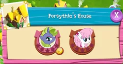 Size: 946x497 | Tagged: safe, derpibooru import, forsythia, rarity, unnamed character, unnamed pony, pegasus, pony, unicorn, background pony, bits, duo, game, gameloft, glitter pony, house, stars