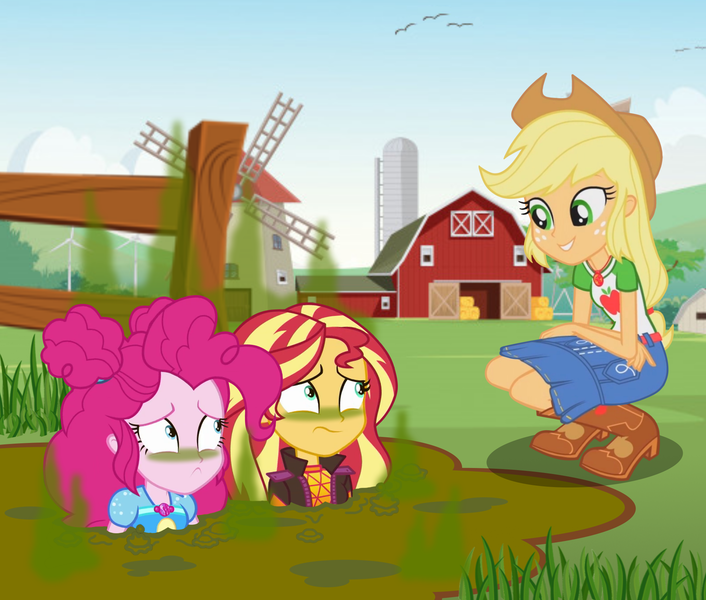 Size: 2000x1700 | Tagged: suggestive, artist:the_real_me, deleted from derpibooru, derpibooru import, edit, edited screencap, screencap, applejack, pinkie pie, sunset shimmer, equestria girls, boots, clothes, farm, hat, manure, pixiv, quicksand, shoes, sinking, smelly