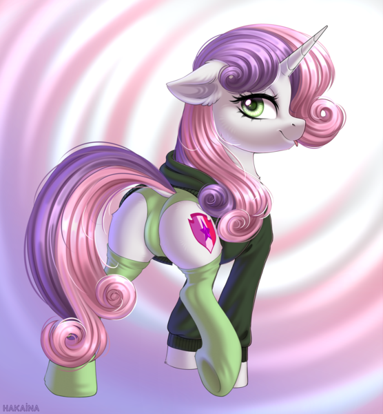 Size: 2500x2700 | Tagged: questionable, artist:hakaina, derpibooru import, sweetie belle, pony, unicorn, abstract background, butt, cameltoe, clothes, female, floppy ears, green underwear, hoodie, looking at you, looking back, looking back at you, mare, older, older sweetie belle, panties, plot, rear view, socks, solo, stockings, thigh highs, tongue out, underwear