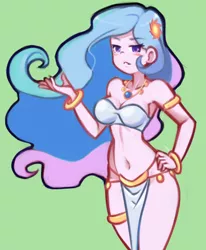 Size: 1520x1844 | Tagged: suggestive, artist:drantyno, derpibooru import, princess celestia, equestria girls, armlet, armpits, belly button, belly dancer, belly dancer outfit, bracelet, breasts, cleavage, female, flowing hair, green background, hand on hip, harem outfit, jewelry, leg bracelet, loincloth, midriff, necklace, pose, principal celestia, simple background, solo, solo female, strapless, stupid sexy celestia