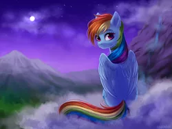 Size: 2000x1500 | Tagged: safe, artist:hakaina, derpibooru import, rainbow dash, pegasus, pony, cute, dashabetes, female, full moon, looking at you, looking back, looking back at you, mare, moon, mountain, night, sitting, sky, smiling, solo, starry night, stars, waterfall