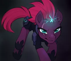 Size: 1299x1125 | Tagged: safe, artist:kapusta123, derpibooru import, tempest shadow, pony, unicorn, armor, broken horn, electricity magic, eye scar, female, glowing horn, horn, mare, running, scar, solo