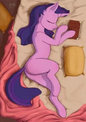 Size: 2894x4093 | Tagged: safe, artist:mrstrats, derpibooru import, twilight sparkle, pony, unicorn, bed, book, female, mare, no cutie marks yet, on bed, pillow, side, sleeping, solo, unicorn twilight