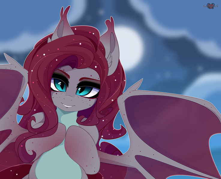 Size: 5530x4500 | Tagged: safe, artist:xsatanielx, derpibooru import, oc, oc:enya lunar eclipse, unofficial characters only, bat pony, pony, bat pony oc, bat wings, female, pale belly, shiny, solo, wings