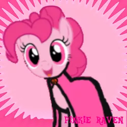 Size: 1024x1024 | Tagged: safe, derpibooru import, pinkie pie, earth pony, pony, derpibooru, amulet, cloak, clothes, colors of raven, cute, diapinkes, flower, happy, jewelry, meta, pink background, pink eyes, pinkie raven, raven (teen titans), simple background, smiling, spoilered image joke, teen titans go, text