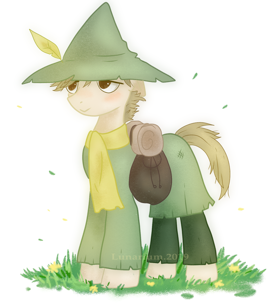 Size: 1680x1850 | Tagged: safe, artist:daryaberry, derpibooru import, ponified, pony, crossover, grass, hat, moomins, satchel, snufkin, solo