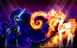 Size: 1600x992 | Tagged: safe, artist:daryaberry, derpibooru import, daybreaker, nightmare moon, alicorn, pony, duo, ethereal mane, evil grin, female, fire, glowing horn, grin, helmet, hoof shoes, horn, looking at each other, magic, mane of fire, mare, smiling, swirls, wings