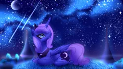 Size: 2560x1440 | Tagged: safe, artist:daryaberry, derpibooru import, milky way, princess luna, alicorn, pony, crescent moon, crown, cute, female, folded wings, grass, jewelry, lunabetes, mare, moon, night, night sky, peytral, ponyloaf, prone, regalia, s1 luna, shooting star, sky, smiling, solo, starry night, stars, wings