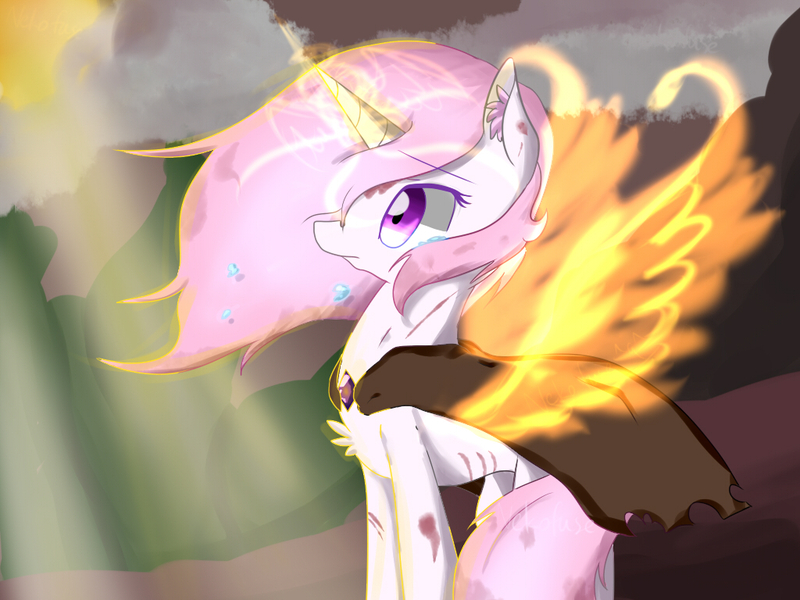 Size: 1024x768 | Tagged: safe, artist:inaba_hitomi, derpibooru import, princess celestia, unicorn, cape, clothes, fiery wings, glowing horn, horn, pink-mane celestia, race swap, scuff mark, solo, unicorn celestia, wings, young celestia