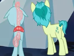 Size: 726x548 | Tagged: safe, derpibooru import, screencap, ocellus, sandbar, changedling, changeling, earth pony, pony, uprooted, butt, cropped, duo, flank, mane, ocellass, plot, sandbutt, tail