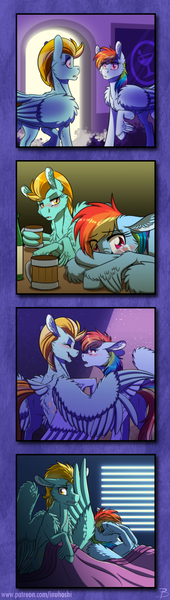 Size: 1181x4170 | Tagged: safe, artist:inuhoshi-to-darkpen, derpibooru import, lightning dust, rainbow dash, pegasus, pony, bed, blushing, chest fluff, cider, crying, double facehoof, drunk, drunker dash, ear fluff, facehoof, facewing, feathered fetlocks, female, hoof fluff, lesbian, long description, mare, mistakes were made, mug, one-night stand, rainbowdust, shipping, story included