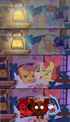 Size: 848x1480 | Tagged: suggestive, artist:fillylover, artist:mittsies, derpibooru import, apple bloom, applejack, fluttershy, rainbow dash, scootaloo, sweetie belle, twilight sparkle, earth pony, fox, human, pegasus, pony, unicorn, 1000 hours in ms paint, anarchy stocking, animatronic, bed, bedroom, cake, clothes, crossover, cutie mark crusaders, eyes closed, female, filly, five nights at freddy's, food, foxy, freckles, lantern, movieunleashers, night, pajamas, panty and stocking with garterbelt, sleeping, teen zalgo pagie, unicorn twilight, window, zalgo, zalgo pagie