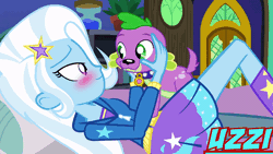Size: 800x450 | Tagged: safe, artist:uzzi-ponydubberx, derpibooru import, sci-twi, spike, spike the regular dog, trixie, twilight sparkle, dog, equestria girls, animated, bestiality, female, fetish, gif, interspecies, kissing, male, romantic, shipping, spike the dog, spixie, straight, surprised, tail wag, tailwag, zoophilia