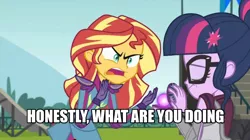 Size: 1490x837 | Tagged: safe, derpibooru import, edit, edited screencap, screencap, sci-twi, sunset shimmer, twilight sparkle, equestria girls, friendship games, angry, caption, exploitable meme, formula 1, image macro, magic capture device, meme, sebastian vettel, sunset yells at twilight, text