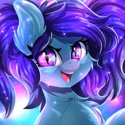 Size: 700x700 | Tagged: safe, artist:ask-colorsound, derpibooru import, oc, oc:eclipsa, unofficial characters only, bat pony, adorable face, bat pony oc, bat wings, chest fluff, cute, ear fluff, female, galaxy, happy, looking at you, mare, open mouth, pigtails, slit eyes, slit pupils, smiling, wings