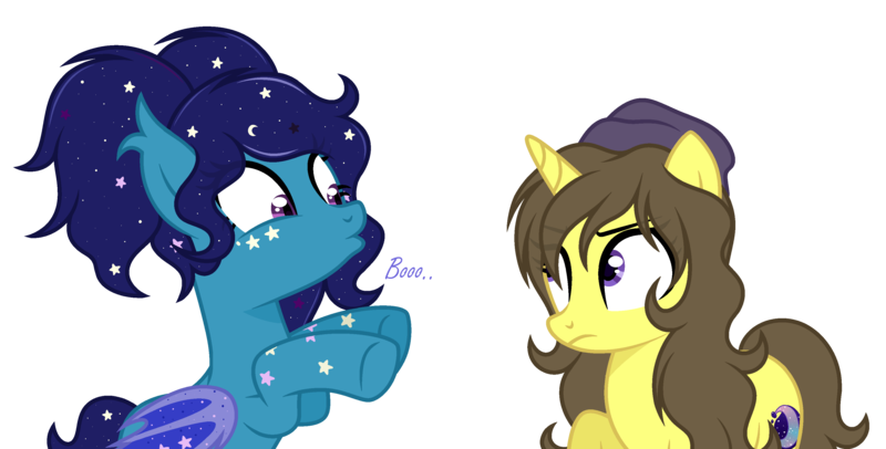 Size: 3454x1752 | Tagged: safe, artist:lazuli, artist:rioshi, artist:starshade, derpibooru import, oc, oc:astral flare, oc:eclipsa, bat pony, pony, unicorn, beanie, confused, cute, hat, simple background, spoopy, transparent background