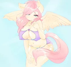 Size: 1620x1516 | Tagged: suggestive, artist:haokan, derpibooru import, fluttershy, anthro, bat pony, pegasus, absolute cleavage, adorasexy, areola outline, ass, big breasts, blue background, bra, breasts, busty fluttershy, butt, cleavage, clothes, cute, erect nipples, female, flutterbat, huge breasts, lidded eyes, looking at you, mare, nipple outline, panties, purple underwear, race swap, sexy, shy, simple background, sketch, solo, solo female, spread wings, underwear, wings