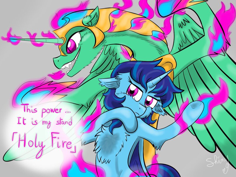 Size: 2000x1500 | Tagged: safe, artist:shinycyan, derpibooru import, oc, oc:sapphie, oc:「holy fire」, alicorn, bat pony, bat pony alicorn, hybrid, unicorn, bat wings, bright colours, commission, fire, fluffy, horn, jojo pose, jojo's bizarre adventure, stand, stand user, standing up, wings