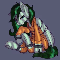 Size: 2000x2000 | Tagged: safe, artist:cherry_kotya, derpibooru import, oc, oc:eden shallowleaf, pegasus, pony, bound wings, chains, clothes, cuffs, looking at you, prison bars, prison outfit, prisoner, shackles, simple background, sitting, smiling, smiling at you, solo, uniform, wings