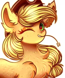 Size: 2500x3000 | Tagged: safe, artist:mite-lime, derpibooru import, applejack, earth pony, pony, bust, chest fluff, cute, ear fluff, heart eyes, high res, jackabetes, leg fluff, looking at you, one eye closed, portrait, smiling, straw in mouth, wingding eyes, wink