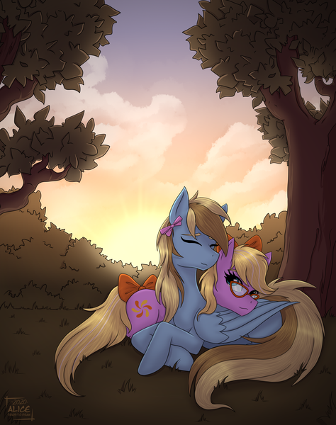 Size: 2126x2692 | Tagged: safe, artist:alicetriestodraw, derpibooru import, oc, oc:lucky, oc:misty, unofficial characters only, earth pony, pegasus, cute, cutie mark, eyes closed, female, glasses, grass, heterochromia, lying down, mare, outdoors, ribbon, sunset, tree