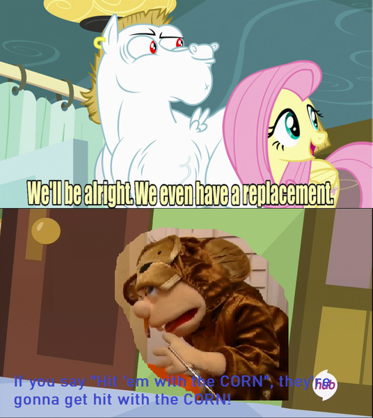 Size: 640x717 | Tagged: bulk biceps, derpibooru import, edit, edited screencap, exploitable meme, fluttershy, hit 'em with the corn!, jeffy, meme, monkey costume, rainbow falls, replacement meme, safe, screencap, supermariologan