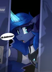 Size: 1350x1875 | Tagged: safe, artist:shadowreindeer, derpibooru import, princess luna, alicorn, pony, connor, connor luna, crossover, detroit, detroit: become human, dialogue, open mouth, solo, speech bubble