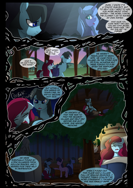 Size: 1240x1754 | Tagged: safe, artist:lunarcakez, derpibooru import, princess luna, oc, earth pony, pony, comic:the origins of hollow shades, cloak, clothes, comic, female, male, mare, s1 luna, stallion