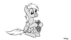 Size: 1200x675 | Tagged: safe, artist:pony-berserker, derpibooru import, derpy hooves, pegasus, pony, derpy being derpy, female, food, meat, monochrome, ponies eating meat, solo, something is not right, steak, stippling, this will end in sickness, this will end in tears