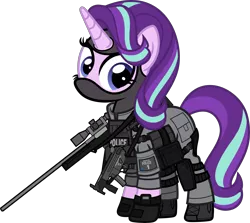 Size: 6000x5354 | Tagged: safe, artist:n0kkun, derpibooru import, starlight glimmer, pony, unicorn, accuracy international, armor, awm, balaclava, belt, boots, british, clothes, earpiece, female, gloves, gun, knee pads, mare, mp5, mp5k, pants, police, pouch, rifle, sco19, shoes, simple background, sniper, sniper rifle, solo, submachinegun, transparent background, united kingdom, watch, weapon, wristwatch